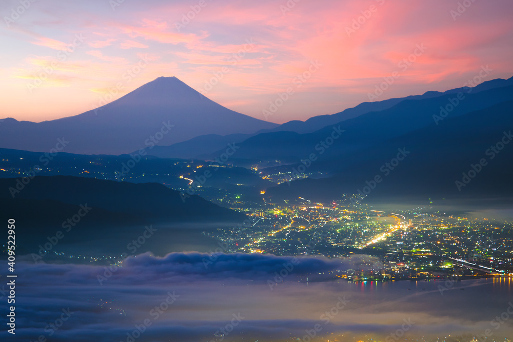 Beautiful scene of Fuji mountain and Lake Suwako from Takabochi highland in Nagano, Japan