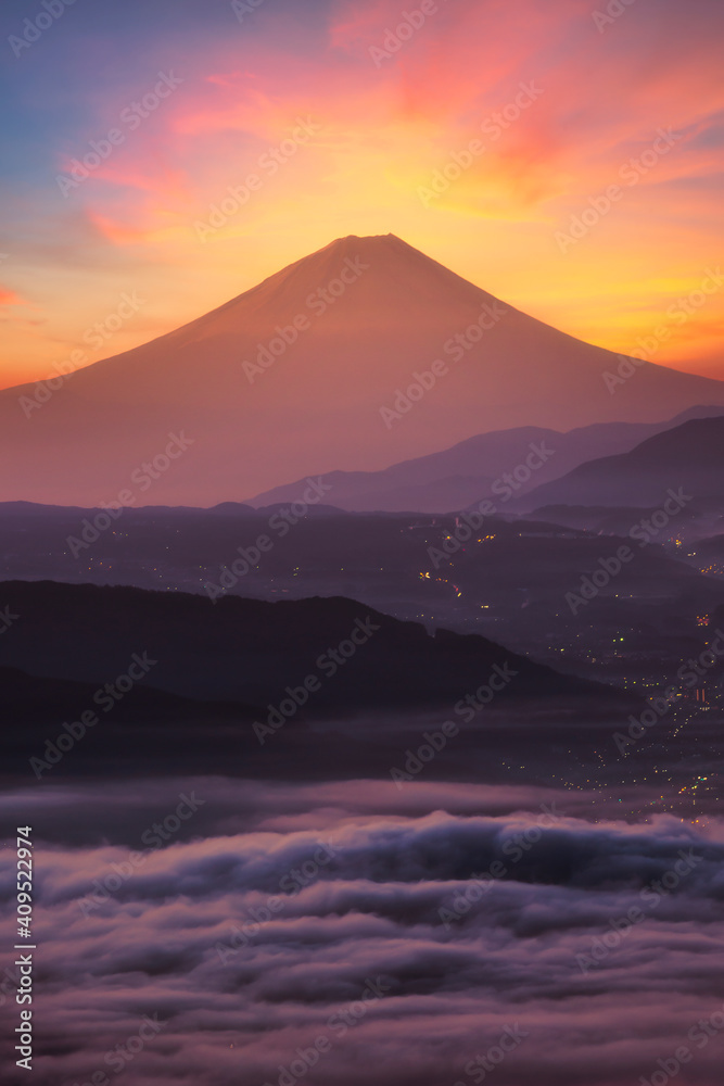 Beautiful scene of Fuji mountain and Lake Suwako from Takabochi highland in Nagano, Japan Beautiful scene of Fuji mountain and Lake Suwako from Takabochi highland in Nagano, Japan