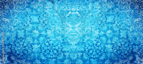 Old blue indigo vintage shabby damask floral flower patchwork tiles stone concrete cement wallwallpaer texture background banner