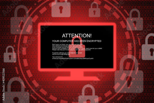 Malware, Ransomware and virus infected alert on red screen background. concept of data-encryption and virus infection and internet security photo