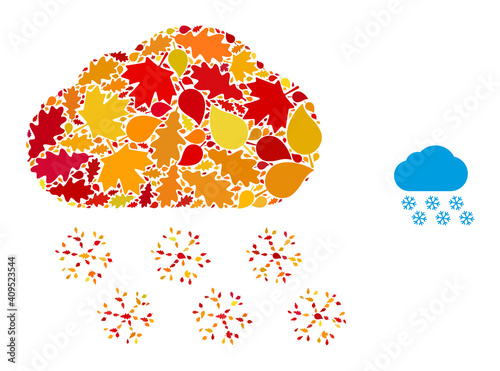 Snow Cloud mosaic icon combined for fall season. Vector snow cloud mosaic is organized with scattered fall maple and oak leaves. Mosaic autumn leaves in bright gold, brown and red colors.