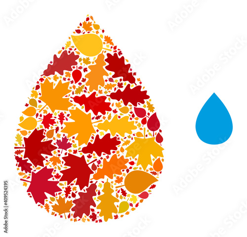 Water Drop mosaic icon constructed for fall season. Vector water drop mosaic is constructed from random autumn maple and oak leaves. Mosaic autumn leaves in bright gold, brown and red colors.
