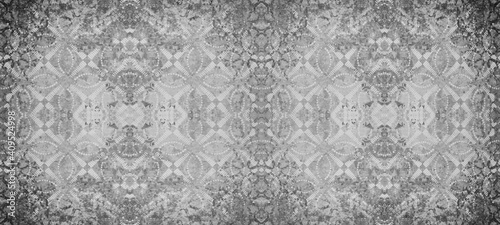 Old gray vintage shabby damask floral flower patchwork tiles stone concrete cement wallwallpaer texture background banner