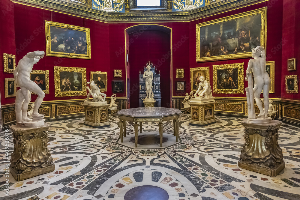 Interior of famous Uffizi Gallery. Uffizi Gallery most famous museum