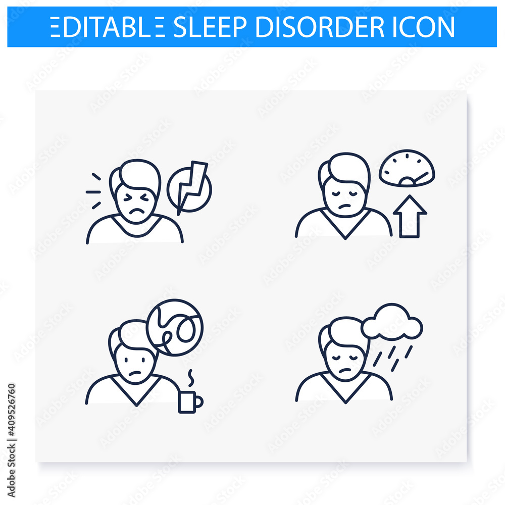 Sleep disorder line icons set. Healthy sleeping concept. General symptoms .Sleep problems treatment. Breathing trouble during sleep. Health care. Isolated vector illustrations. Editable stroke Sleep disorder line icons set. Healthy sleeping concept. General symptoms .Sleep problems treatment. Breathing trouble during sleep. Health care. Isolated vector illustrations. Editable stroke