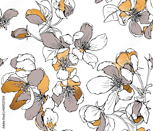 Seamless floral pattern. Gold Cherry flowers and leaves. Textile composition, hand drawn style print. Vector illustration. © Afishka