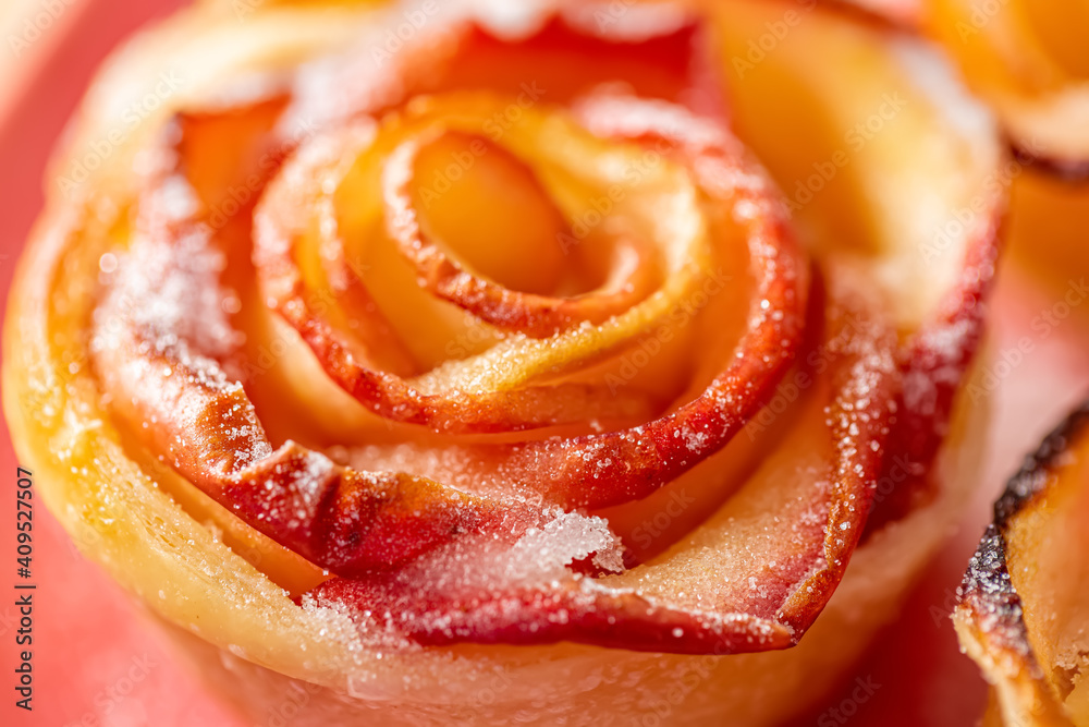 Apple baked and sprinkled with sugar. Flower with apples. Top view. Macro Apple baked and sprinkled with sugar. Flower with apples. Top view. Macro
