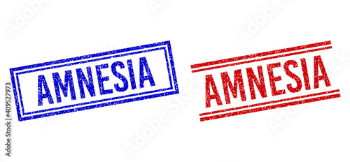 AMNESIA rubber watermarks with distress style. Vectors designed with double lines, in blue and red versions. Caption placed inside double rectangle frame and parallel lines.