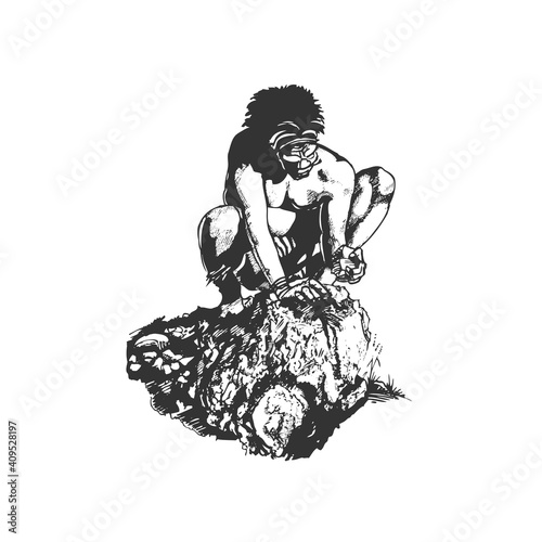 Bigfoot makes fire. Primitive man, Neanderthal. Graphic sketch vector