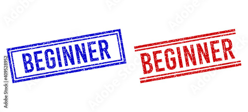 BEGINNER rubber imitations with grunge style. Vectors designed with double lines, in blue and red colors. Word placed inside double rectangle frame and parallel lines.