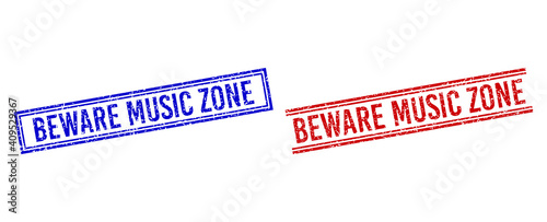 BEWARE MUSIC ZONE rubber imitations with grunge style. Vectors designed with double lines, in blue and red versions. Tag placed inside double rectangle frame and parallel lines.