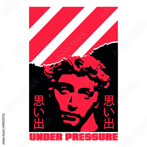 Torn paper effect statue with japanese slogan with manga face Translation: "Memories." Vector design for t-shirt graphics, banner, fashion prints, slogan tees, stickers, flyer, posters 