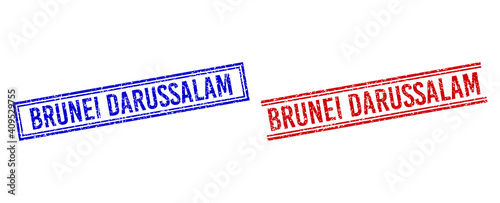 BRUNEI DARUSSALAM rubber imitations with grunge style. Vectors designed with double lines, in blue and red variants. Text placed inside double rectangle frame and parallel lines.