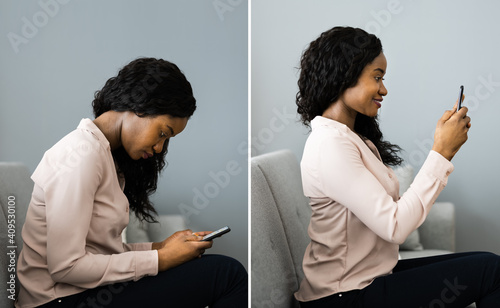 Incorrect And Correct Spine Posture Using Smartphone photo