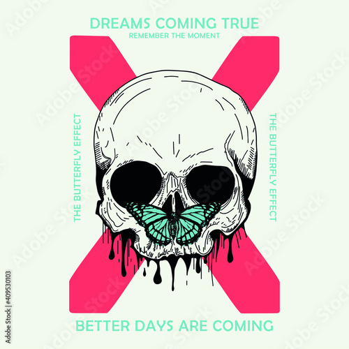 Skull with butterfly Vector design for t-shirt graphics, banner, fashion prints, slogan tees, stickers, flyer, posters and other creative uses