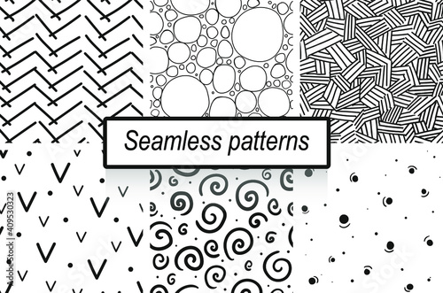 Simple black and white patterns. Set of six seamless pattens. Check marks, stripes, curls, circles, bubbles, dots. Cute patterns