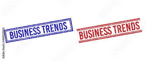 BUSINESS TRENDS stamp seal watermarks with grunge texture. Vectors designed with double lines, in blue and red versions. Label placed inside double rectangle frame and parallel lines.