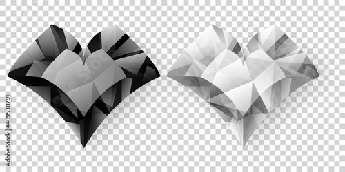Two hearts in black and white colors made of crystals witn shadow on transparent background