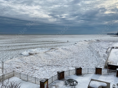 Frozen shoreline of Lake Michigan as seen from Kenilworth Beach in Illinois. photo