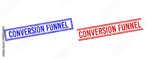 CONVERSION FUNNEL rubber watermarks with grunge style. Vectors designed with double lines, in blue and red variants. Tag placed inside double rectangle frame and parallel lines.