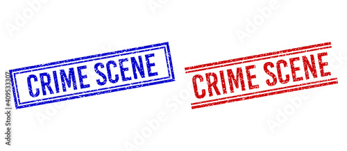 CRIME SCENE rubber overlays with grunge style. Vectors designed with double lines, in blue and red variants. Text placed inside double rectangle frame and parallel lines.