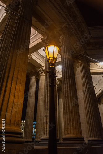 selective focus. columns of the Kazan Cathedral in the evening. 2 Kazanskaya Square, St. Petersburg, November 2020