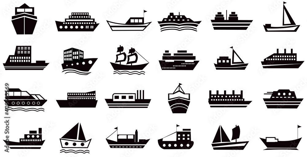 Ship icons set,  symbol of boat illustration vector.  ships   silhouette in white background