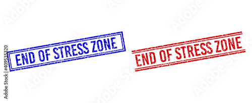 END OF STRESS ZONE stamp watermarks with grunge style. Vectors designed with double lines, in blue and red variants. Label placed inside double rectangle frame and parallel lines.