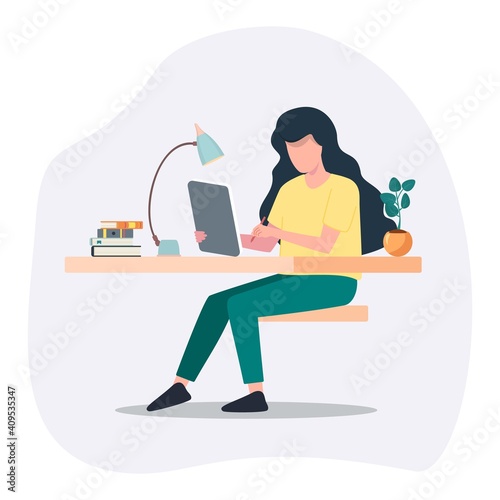 Woman write journal on table. Girl drawing in diary book. Female character studying homework. Student draws in paper notebook. Vector illustration education concept