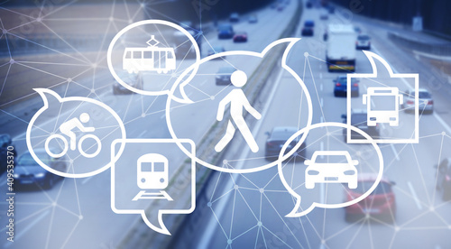 New mobility Illustration. Infrastuktur und Stadtplanung, Mobilitätswende / Verkehrswende, Autofreie Innenstadt, öffentliche Verkehrsmittel, Konzept zur Nutzung der Stadt für Verkehrsteilnehmer.