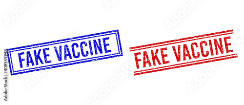 FAKE VACCINE rubber overlays with distress style. Vectors designed with double lines, in blue and red versions. Tag placed inside double rectangle frame and parallel lines.
