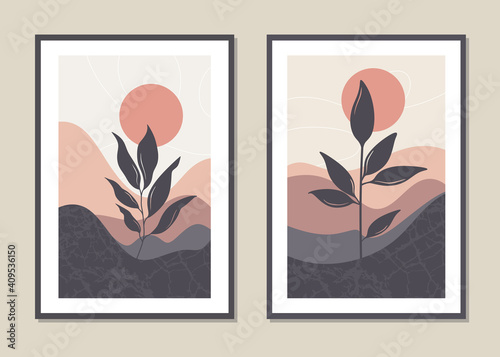 Art landscape wall set. Abstract landscape design for covers, posters, prints, wall art in a minimalist style. Vector.