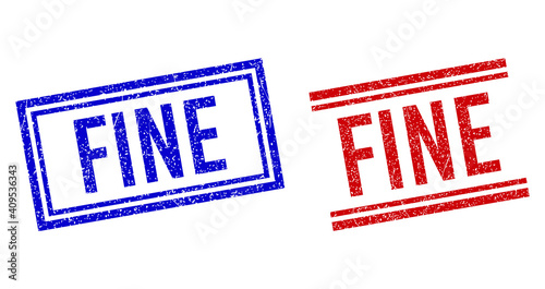 FINE rubber watermarks with grunge style. Vectors designed with double lines, in blue and red colors. Caption placed inside double rectangle frame and parallel lines.