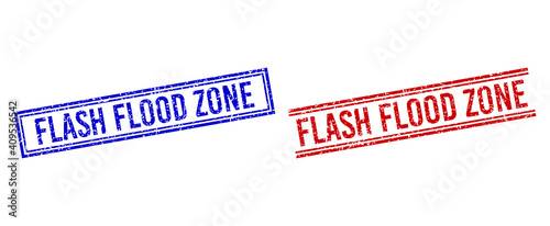 FLASH FLOOD ZONE seal imitations with grunge style. Vectors designed with double lines, in blue and red versions. Caption placed inside double rectangle frame and parallel lines.