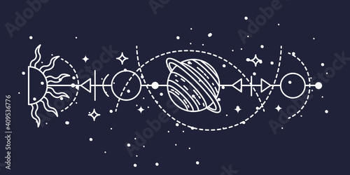 Mystical astrological vector illustration. Magic symbols. Zodiac. Astronomy. Line art illustration.