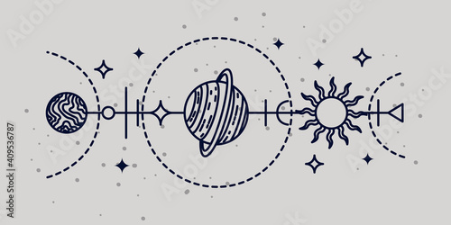 Mystical astrological vector illustration. Magic symbols. Zodiac. Astronomy. Line art illustration.