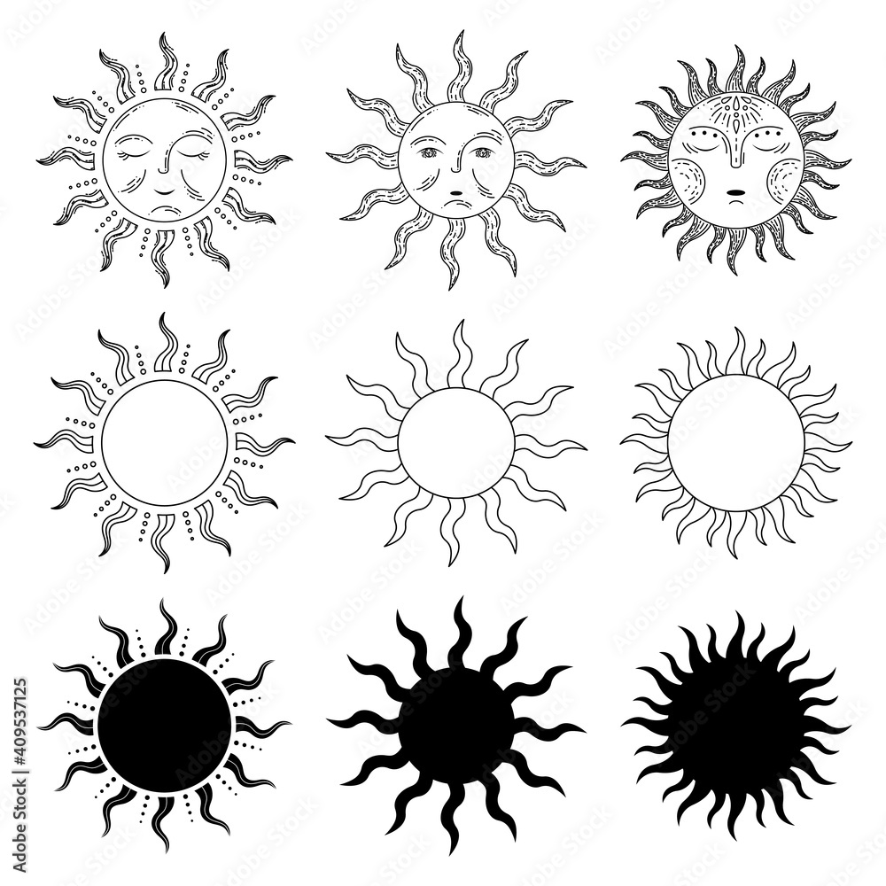 Set of 3 sun in retro style, line art and simple style. Stars. Astrology, astronomy. Magic sign. Set of 3 sun in retro style, line art and simple style. Stars. Astrology, astronomy. Magic sign.