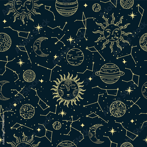 Vector seamless astrological pattern with planets, sun, moon, stars and constellations.