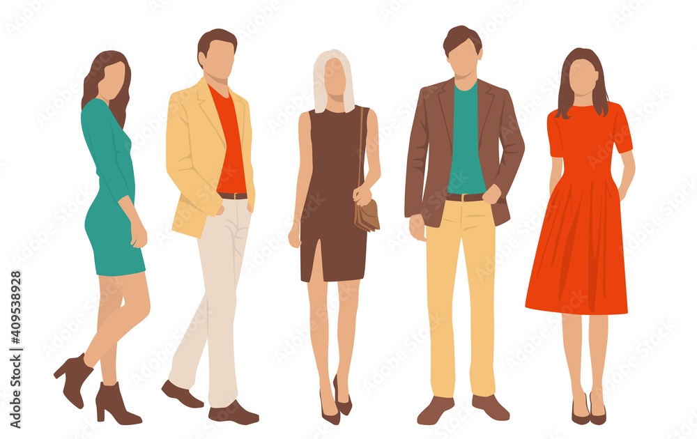 Set of young men and women, different colors, cartoon character, group of silhouettes of standing business people, students, the design concept of flat icon, isolated on white background Set of young men and women, different colors, cartoon character, group of silhouettes of standing business people, students, the design concept of flat icon, isolated on white background