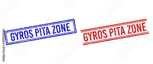 GYROS PITA ZONE rubber imitations with distress texture. Vectors designed with double lines, in blue and red versions. Caption placed inside double rectangle frame and parallel lines.