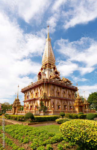 Beautiful pagoda in Phuket, Thailand - 9 December 2020 , The Phra Mahathat Chedi (Great Relic Stupa) Wat Chalong or Wat Chaithararam is famous tourist destination in Phuket Thailand