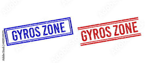 GYROS ZONE stamp imitations with grunge style. Vectors designed with double lines, in blue and red versions. Phrase placed inside double rectangle frame and parallel lines.