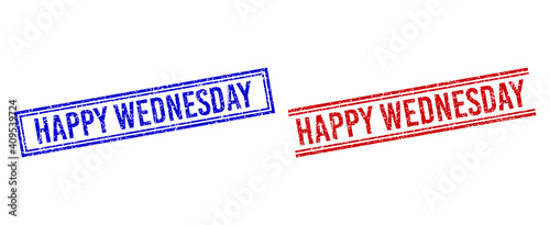 HAPPY WEDNESDAY rubber imprints with distress style. Vectors designed with double lines, in blue and red variants. Caption placed inside double rectangle frame and parallel lines.