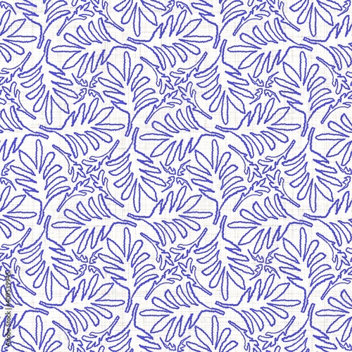 Azure blue white floral linen texture. Seamless textile effect background. Weathered doodle flower dye pattern. Coastal cottage beach home decor. Modern sea life marine fashion repeat cotton cloth. 