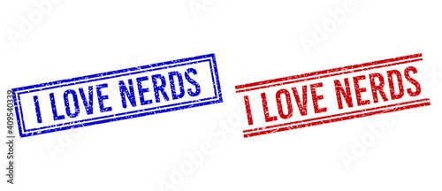 I LOVE NERDS seal watermarks with distress style. Vectors designed with double lines, in blue and red versions. Label placed inside double rectangle frame and parallel lines.