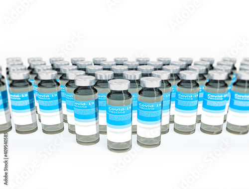 Coronavirus COVID-19 Vaccine Vials in a row with white background. 3d illustration medicine drug bottles photo