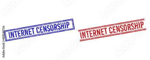 INTERNET CENSORSHIP stamp imitations with grunge texture. Vectors designed with double lines, in blue and red versions. Label placed inside double rectangle frame and parallel lines.