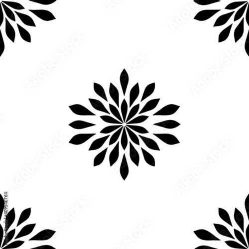 Tile for seamless pattern. Floral black pattern on a white background.