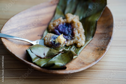 Suman with leche flan and ube; a gourmet Filipino food favorites combined together photo