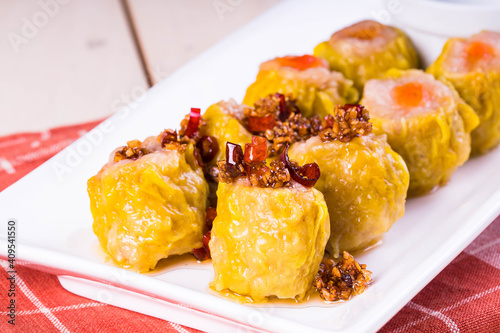 Photography hot restaurant processed siomai with chili sauce
